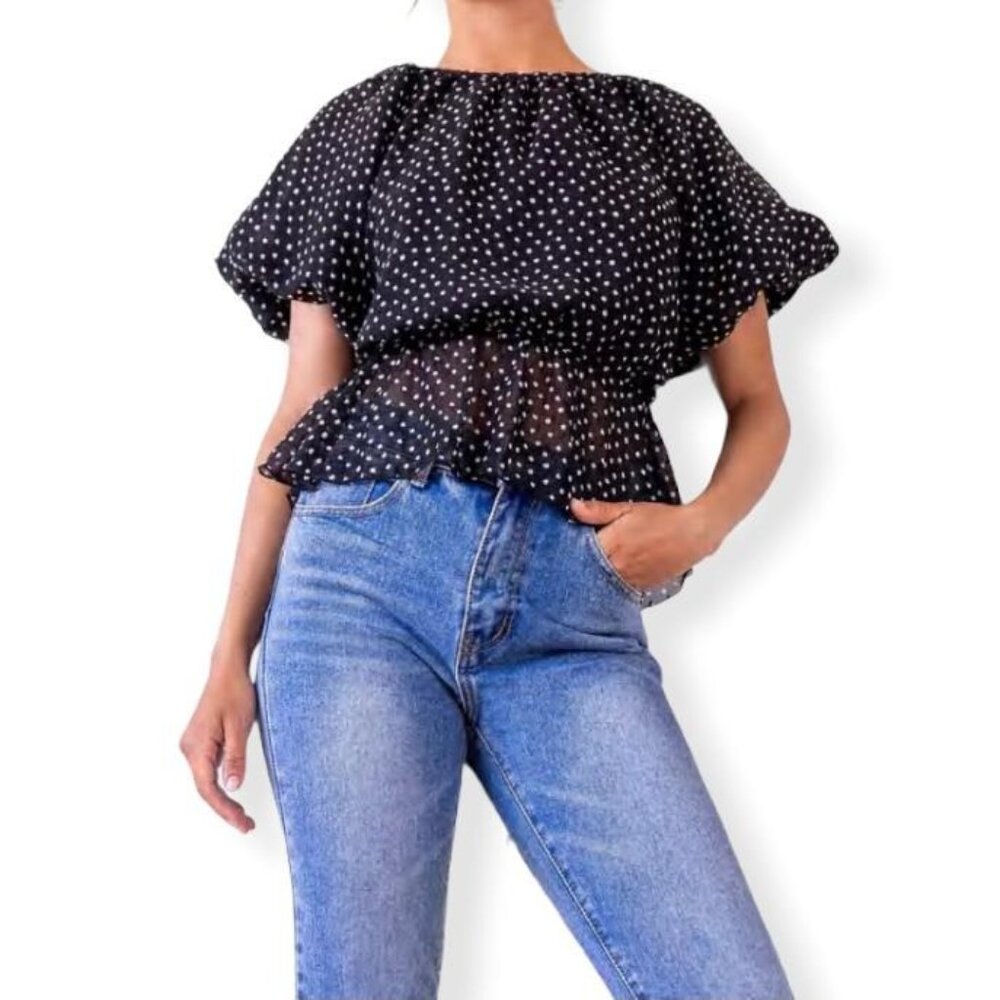 Nasty Gal Women's Top Puff Sleeve Crew Neck Blouse Black/White Size 4